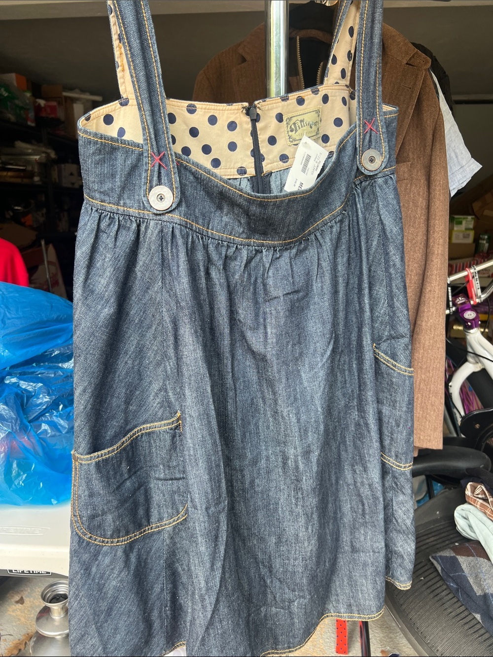 Fillmore  Denim Pinafore Skirt with Polka Dot Lining - Blue